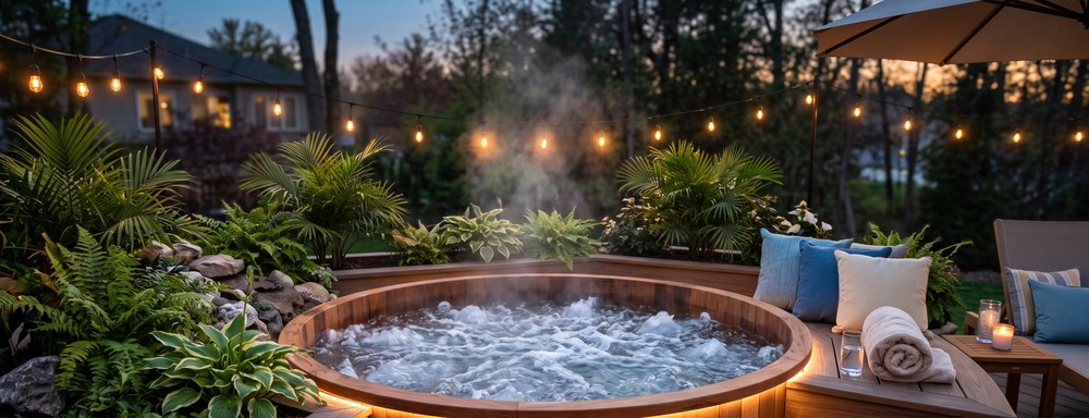 Ofurô de madeira com hidromassagem, iluminado, em ambiente externo de bem-estar