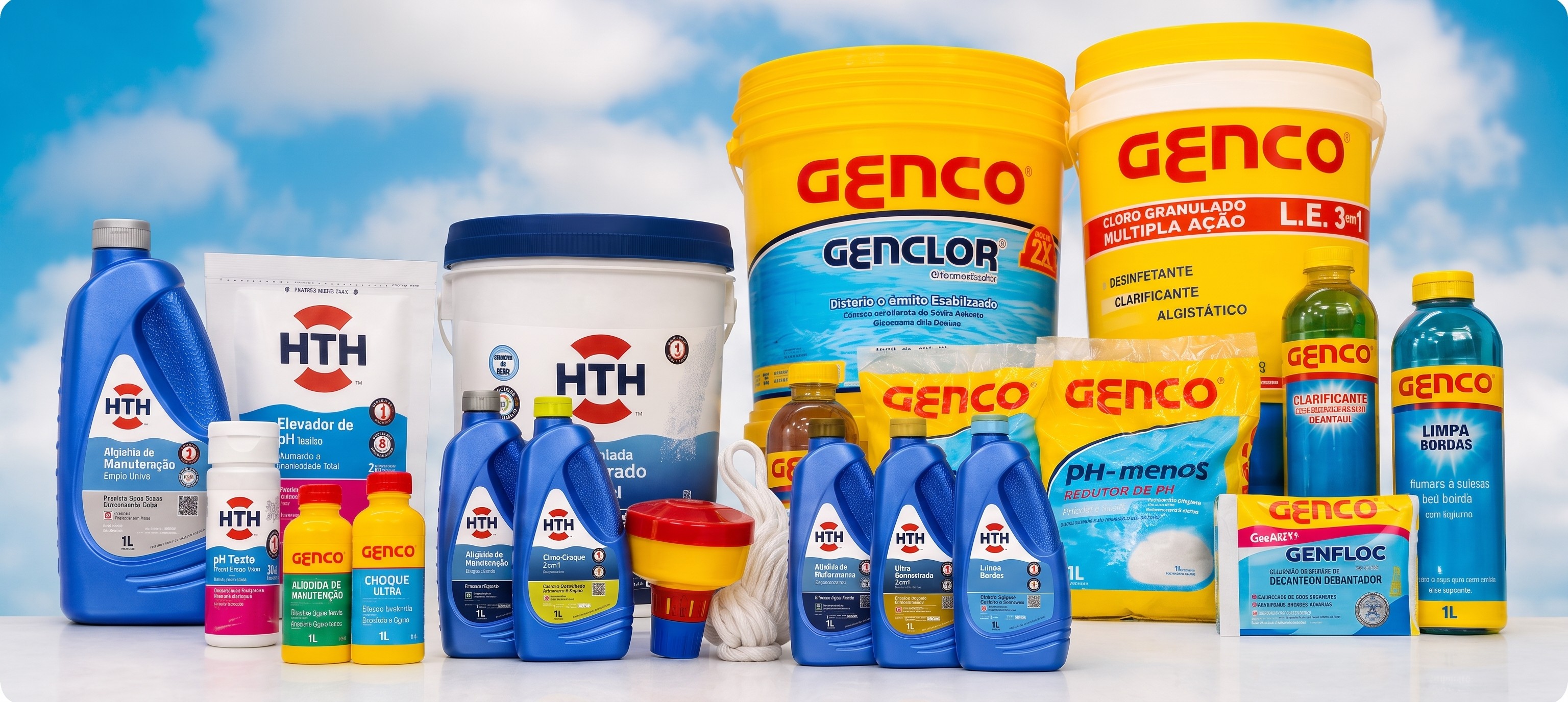 Linha completa de produtos Genco e HTH para tratamento de água de piscina