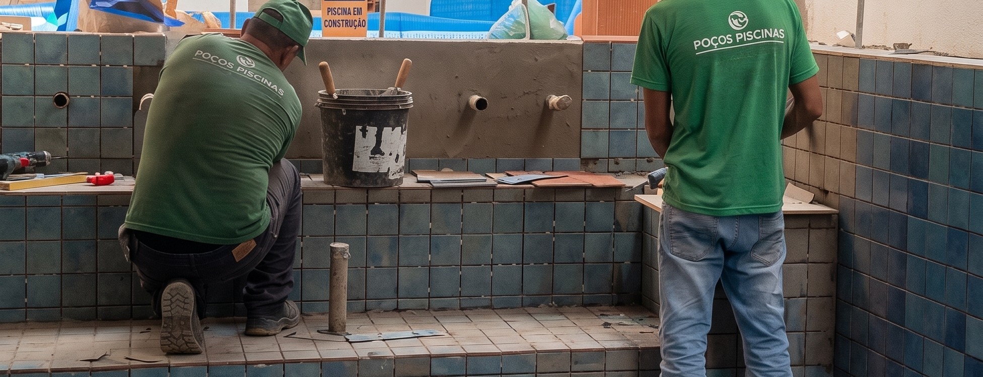 Equipe própria da Poços revestindo piscina de alvenaria em obra