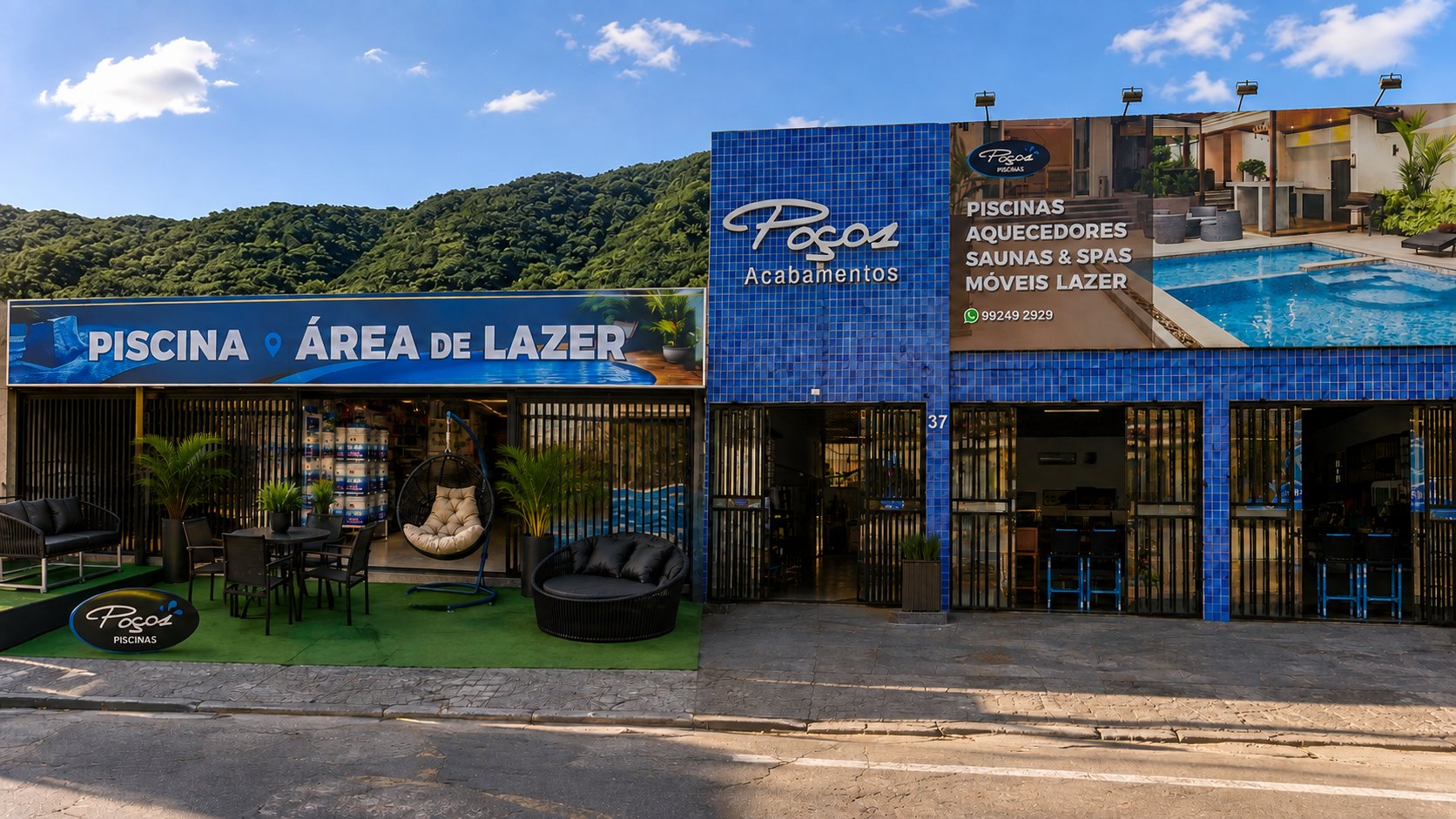 Fachada da loja Poços Acabamentos e Piscinas, em Poços de Caldas