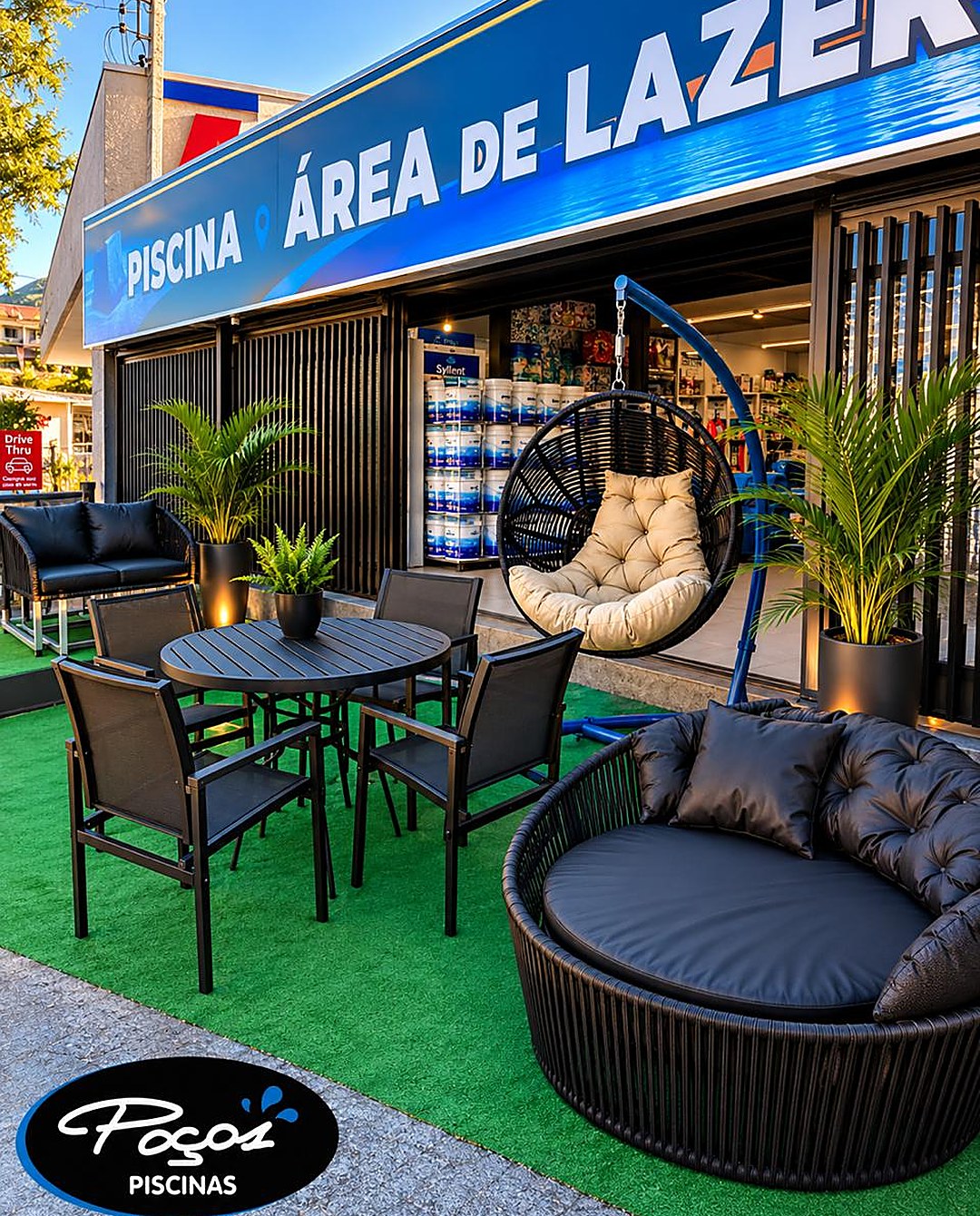 Fachada da loja Poços, com o letreiro Piscina e Área de Lazer e o showroom de móveis externo