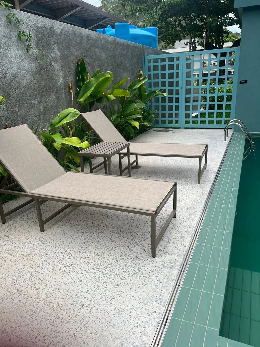 Espreguiçadeiras da Poços à beira da piscina, cercadas de plantas tropicais