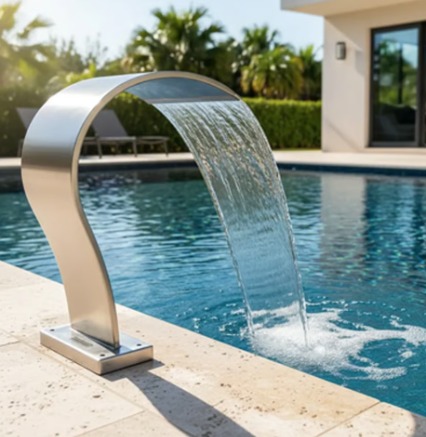 Cascata de embutir em curva, inox, instalada na borda da piscina