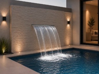 Painel cascata em pedra natural, com três quedas d'água, iluminado