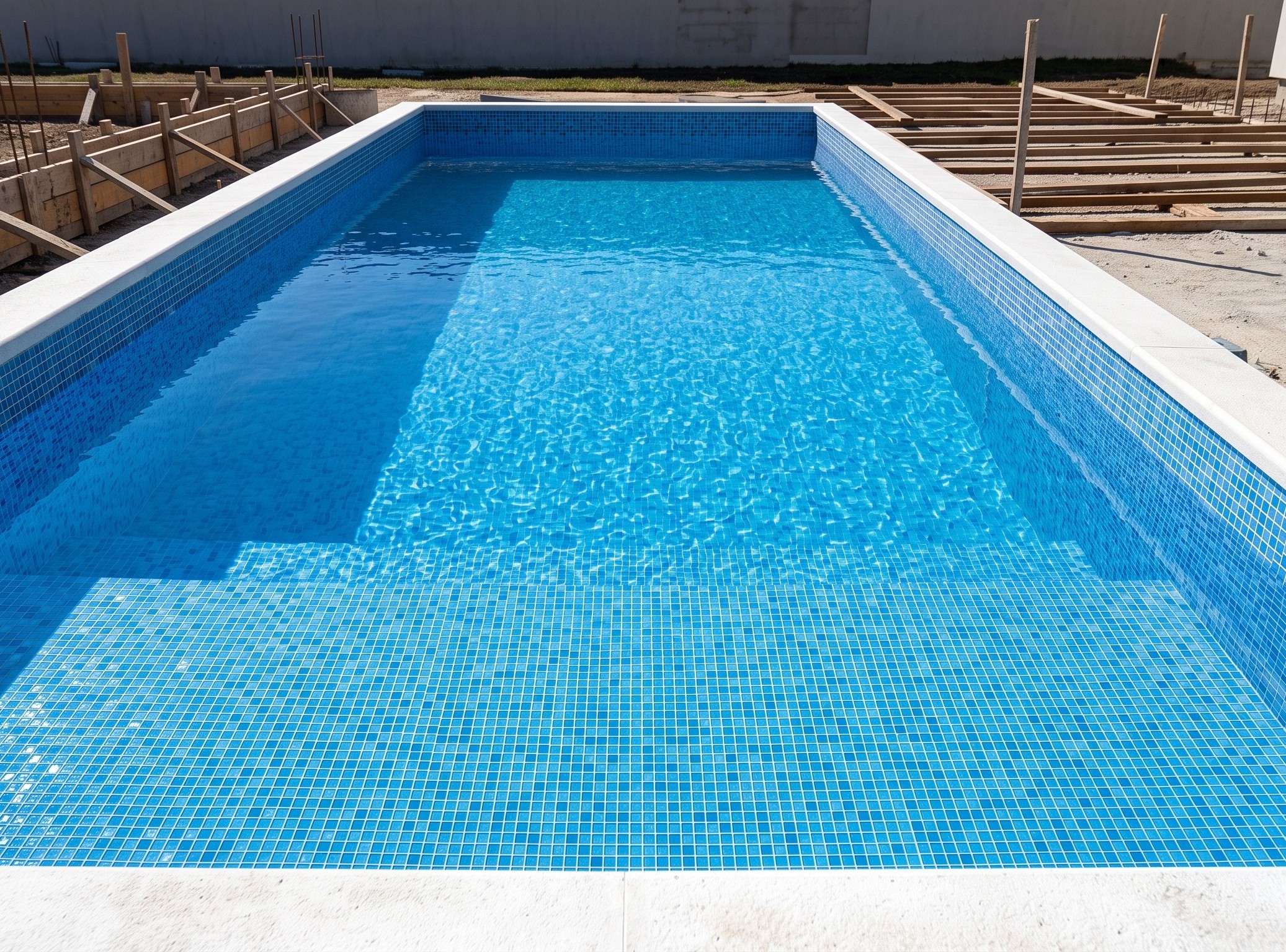Piscina em alvenaria revestida em mosaico azul, com deck de madeira