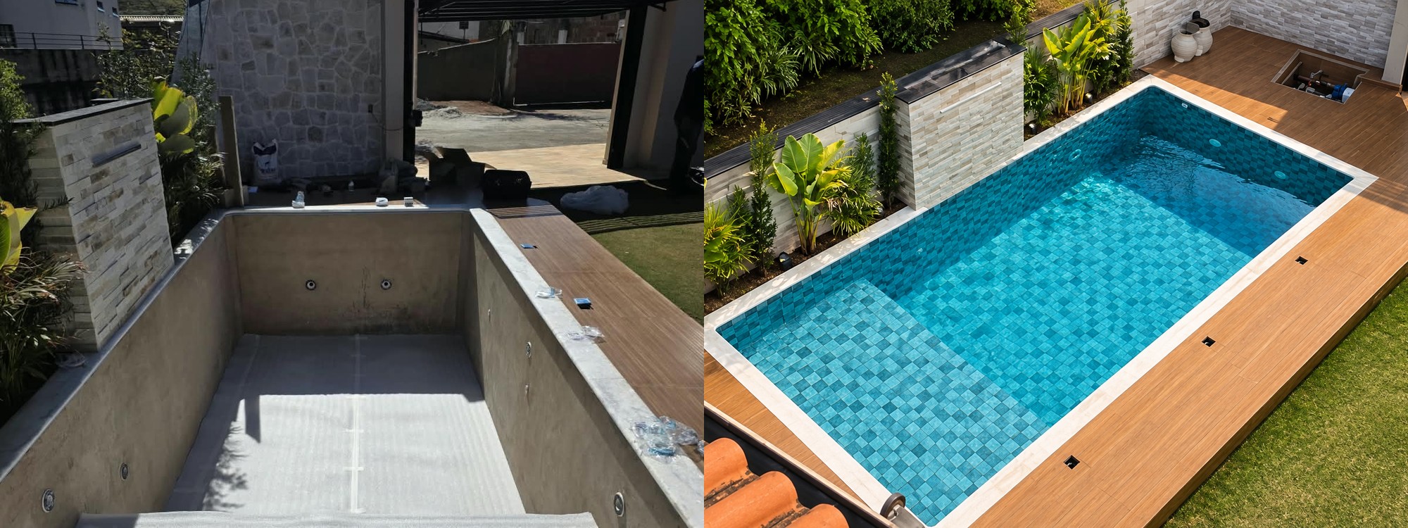 Piscina antes (estrutura pronta pra receber o vinil) e depois (revestida e cheia) da troca de vinil, lado a lado