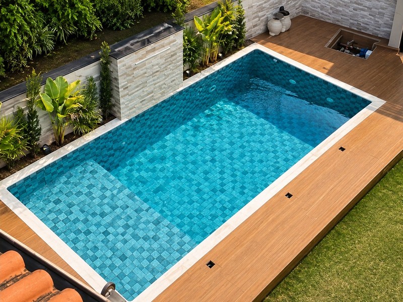 Piscina de vinil pronta, revestida e cheia